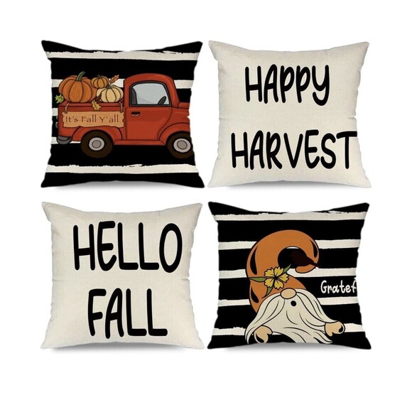 Fall Pillow Covers 16x16 Inch Set of 4 Hello Fall Pumpkin Truck Gnome - Picture 1 of 8